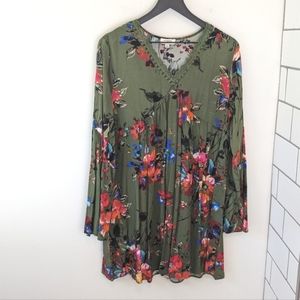 Umgee Green Boho Floral Babydoll Swing Dress With Bell Sleeves